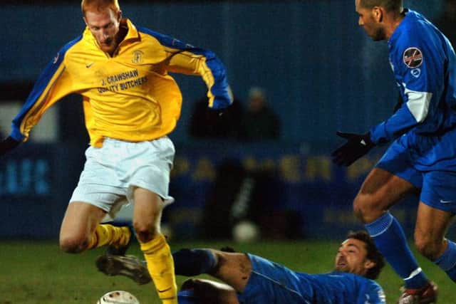 Unibond League Challenge Cup Final....Farsley Celtic v Stocksbridge PS.....Steels Stefan Zoll causes havoc in the Celtic defence
