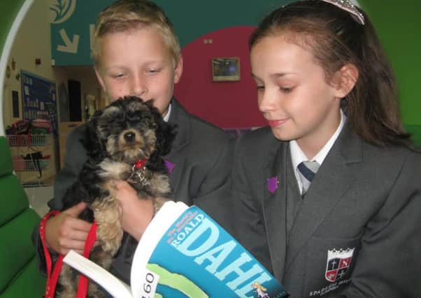 Nancy the therapy dog with head girl Maddison and head boy Aiden