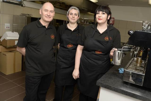 Nosh franchisee Phil McCall with Amy Hickes and Amy Harris the official opening of the cafe at Worksop bus station