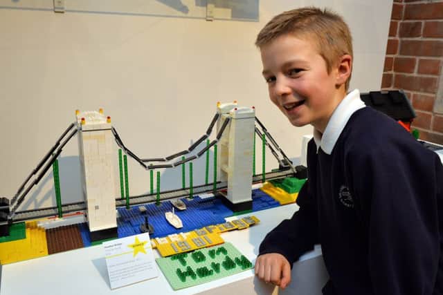 Tom Hardy, 10 won 1st prize in the Harley Gallery Big Brick Off Lego building competition with his Humber Bridge