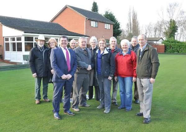 Front Row L-R : Coun Kevin Greaves;  David Payne, chairman of the flat green bowls section at Worksop Cricket and Sports Club,  Coun Julie Leigh, cabinet member for neighbourhoods at Bassetlaw District Counci and other members of the flat green bowls section at Worksop Cricket and Sports Club.