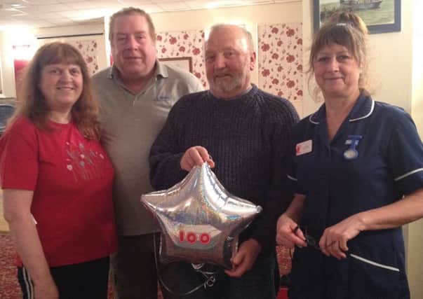 Denise & Graham Palmer (each gave their 50th donation), John Hunt (gave his 100th donation) and Carole (Donor Carer from NHS Blood & Transplant)