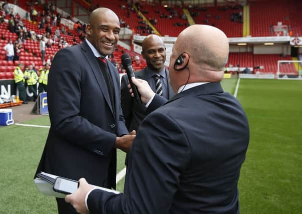 Brian Deane and Tony Agana back together at Bramall Lane interviewed by stadium announcer Gary Sinclair - English League One - Sheffield Utd vs Doncaster Rovers - Bramall Lane Stadium - Sheffield - England - 26th September 2015 - Picture Simon Bellis/Sportimage
--------------------
Sport Image
15/16 Sheff Utd v Doncaster

26 September 2015
Â©2015 Sport Image all rights reserved