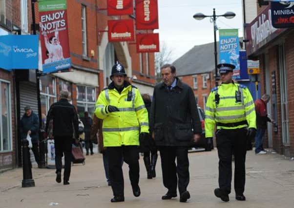 Nottinghamshire Police and Crime Commissioner Paddy Tipping with PC Phil Broughton and PCSO Chris Smith.