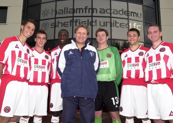 Sheffield United manager Neil Warnock outside the academy with his young internationals.L to R Ian Ross,Dominic Roma,Johnathan Forte.Neil Warnock, Tom Lindley,Ryan Gyaki and Adrian Harper
Weds 29th Oct 2003
