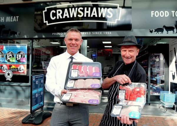 Crawshaws Butchers at Worksop with Russ Davies Area Director (left) & Store Manager Steve Maxfield