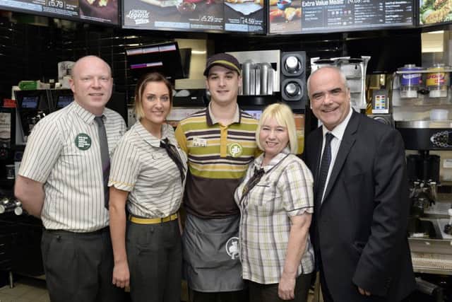 The newly refurbished McDonalds, High Grounds Road Worksop. From left, Chris Bowden assistant manager, Victoria Page shift manager, Neal Barker crew trainer, Dawn Nicholds dining area assistant and Bob Meadowcroft franchisee