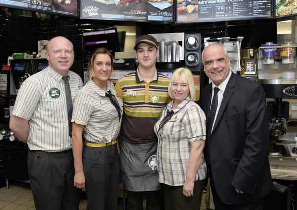 The newly refurbished McDonalds, High Grounds Road Worksop. From left, Chris Bowden assistant manager, Victoria Page shift manager, Neal Barker crew trainer, Dawn Nicholds dining area assistant and Bob Meadowcroft franchisee