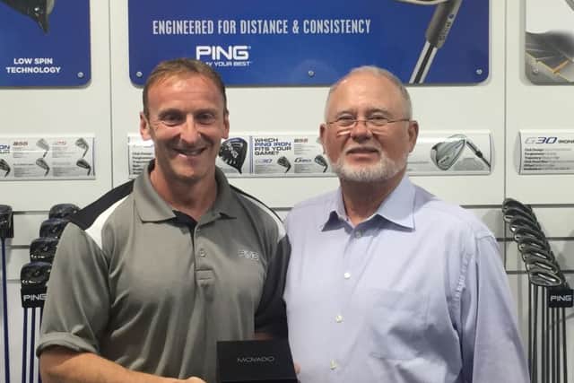Dale is pictured being presented with a watch for 30 years service by the founders son John Solheim, he is the current CEO of Ping in Phoenix.