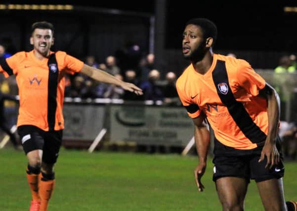 Action from Worksop Town v Sheffield FC in the Sheffield Senior Cup Round 2 at Sandy Lane. Andy Ofosu celebrates after scoring for Worksop.