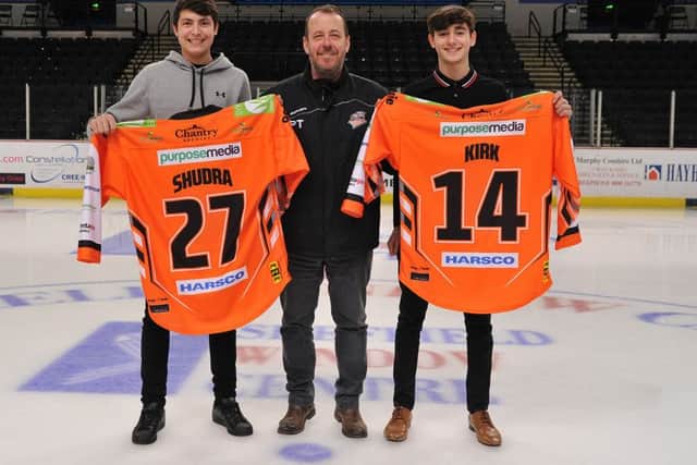 Paul Thompson, centre, with future prospects Cole Shudra, left and Liam Kirk. Picture: Dean Woolley.