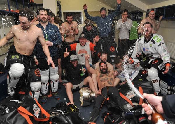 Sheffield Steelers' dressing room capers after winning the league at Fife. Pic: Dean Woolley