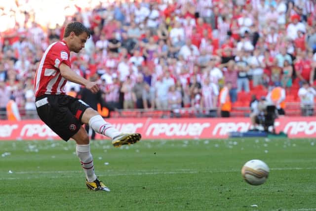 Andy Taylor misses his penalty in the League One play-off final of 2012