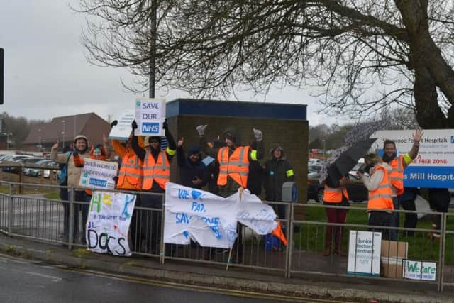 Doctors at Kings Mill Hospital in Sutton-in-Ashfield protest Jeremy Hunt's contract changes, which remove unsocial pay for Saturday and 'stretch doctors thinner' as the NHS struggles to recruit more talent.