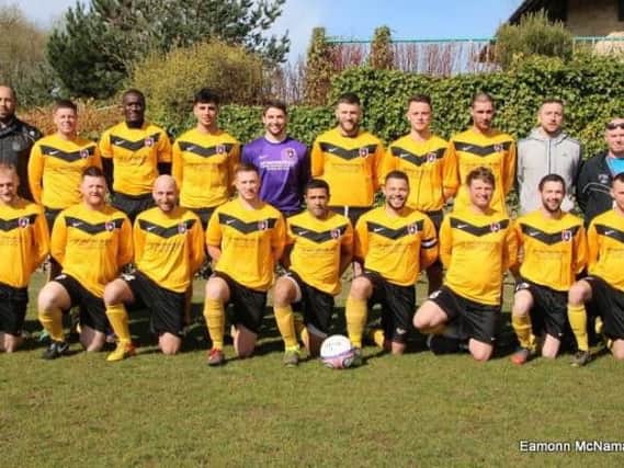 Nicky Seekings (back row, third from right) who was sent off after 11 seconds as a makeshift goalkeeper when their normal keeper Joe Griffiths (back row centre) was unavailable due to a fashion shoot as he is a male model