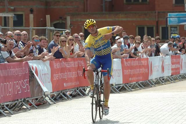 Doncaster Cycle Festival.  Category 3 and 4 winner Andy Bishop from Worksop makes sure everyone knows who he rides for.  Picture: Malcolm Billingham