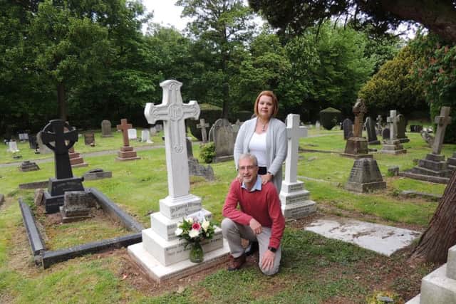 Philip and Hanlie du Toit at the gravestone of Lieut. L. J. Vanstaden R.A.F.