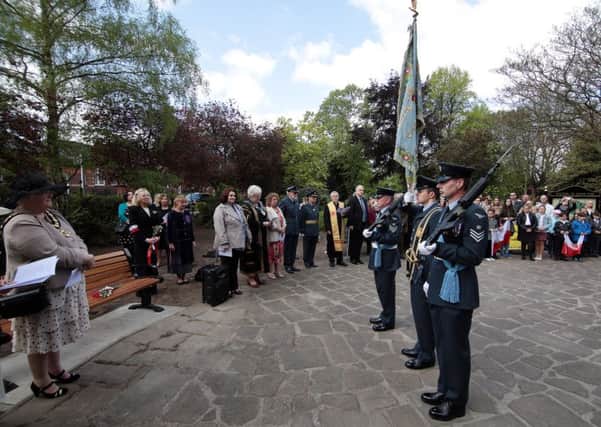 Members of the Polish community, civic dignitries and RAF personell gather at the unveiling of the bench in memory of ex fighter pilot Wladyslaw Jan Nowak in Worksop, Notts, United Kingdom, 14th May 2016. Photo by Glenn Ashley.