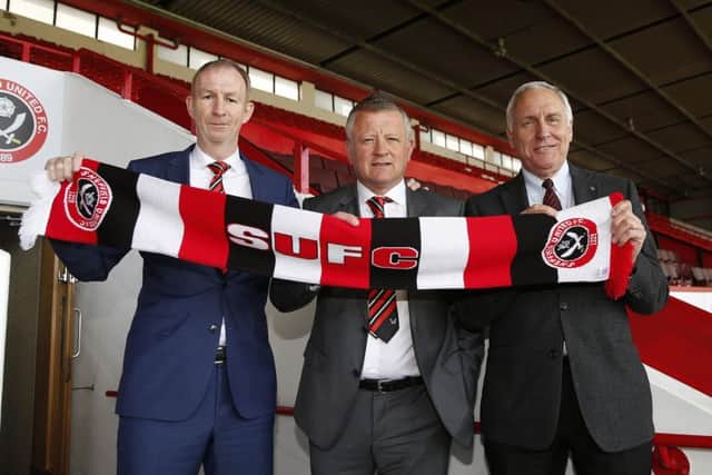 Alan Knill (left) with Chris Wilder and co-owner Kevin McCabe (right) Â©2016 Sport Image all rights reserved