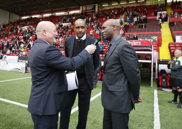 Tony Agana (right) with his old strike partner Brian Deane at Bramall Lane 
Â©2015 Sport Image all rights reserved