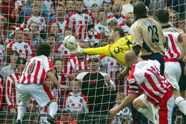 Peschisolido, pictured during the 2003 FA Cup semi-final against Arsenal, returns to Bramall Lane on Sunday