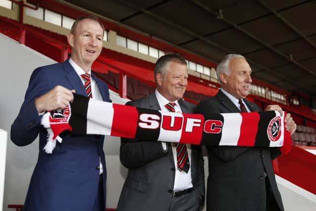 New Sheffield United manager Chris Wilder is flanked by assistant Alan Knill and co-owner Kevin McCabe 
Â©2016 Sport Image all rights reserved