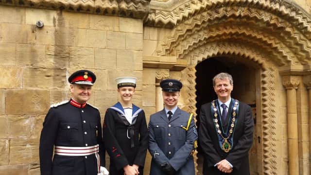 Bassetlaw cadets Lewis Rice and Ryan Arnold with Sir John Peace, Lord-Lieutenant of Nottinghamshire, and Coun Jim Anderson, chairman of Bassetlaw Council, at Southwell Minster.