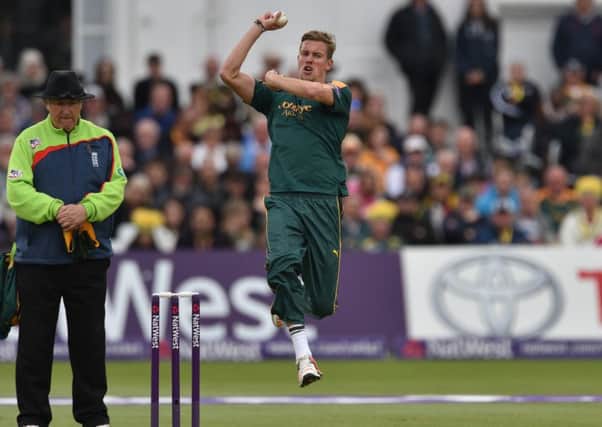 Jake Ball in action during the NatWest T20 Blast match between the Outlaws and the Bears at Trent Bridge.  Photo: Simon Trafford