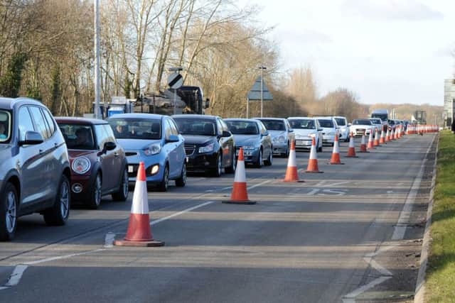 Traffic backing up the A57 at the Millhouse roundabout which is at the start of a 32 week re-development program.