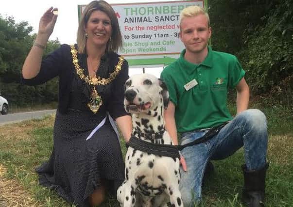 Mayor of Rotherham Lyndsay Pitchley with kennel assistant Daniel Exley and Carson the Dalmatian (who is currently up for adoption!)