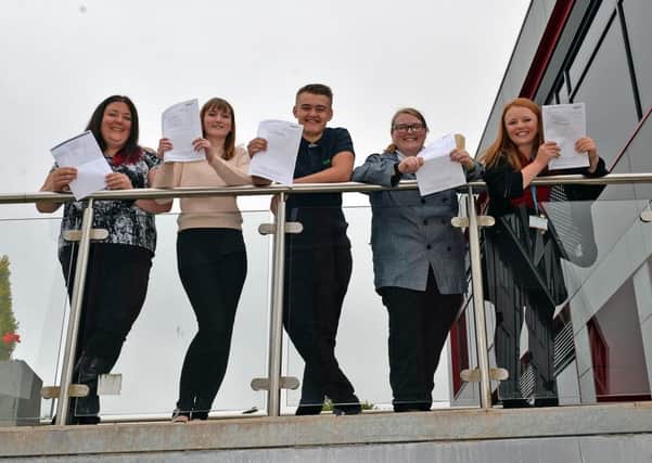 A Level results day at West Nottinghamshire College, pictured are Joanna Brocklehurst-Smith, Lindsay Hill, Callum Lack, Jemma Ratcliffe and Charlotte Swindells