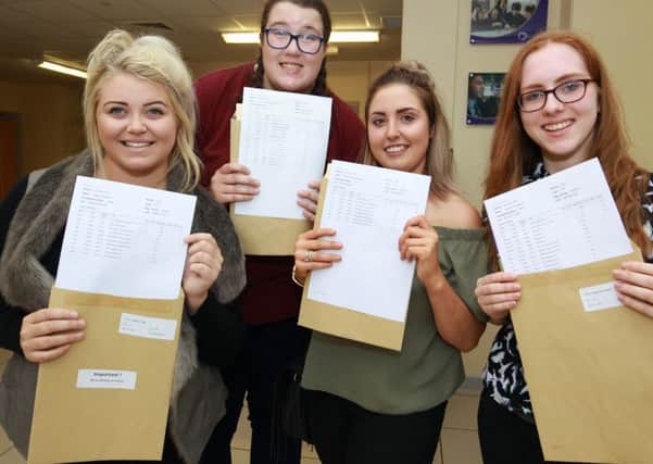 A-level results day at Outwood Post 16 Centre, Worksop. Pictured are Paige Daughtry, Sophie Trainor, Chloe Pickering, and Victoria Greenhall. Photo: Chris Etchells