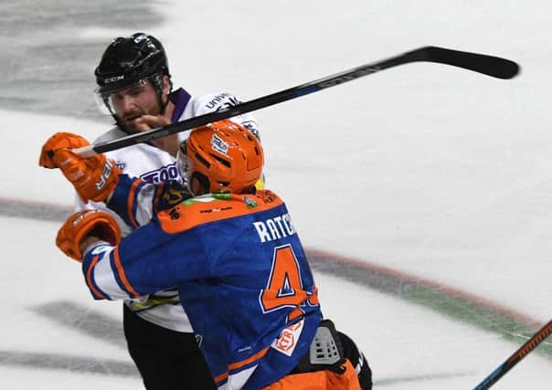 Sheffield Steelers Mike Ratchuk throws a punch at Manchester Storm's Patrik Valcak. Picture: Andrew Roe