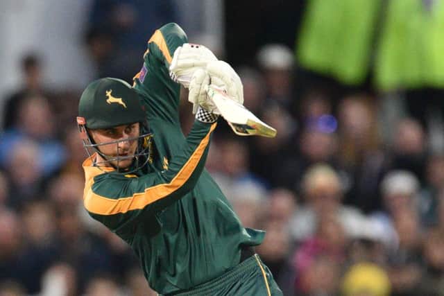 Alex Hales punches straight down the ground during the NatWest T20 Blast match between the Outlaws and the Bears at Trent Bridge, Nottingham on 15 May 2015. Photo: Simon Trafford