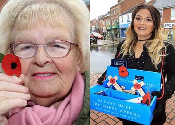 (Left) Shirley Fish with her poppy, (Right) Guardian reporter Sophie Wills helping to sell poppies on Bridge Street.