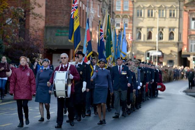 The parade makes its way to Worksop war memorial.