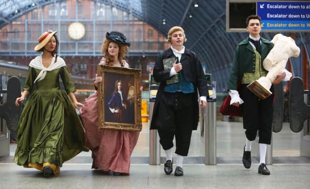 EDITORIAL USE ONLY
L-R Actors dressed as Lady Elizabeth Foster, Giorgiana Duchess of Devonshire, Joseph Wright and Lord Byron,  depart by train from Kings Cross  St Pancras station, London to embark on The Grand Tour which incorporates Nottingham Contemporary, Chatsworth, Derby Museum, and the Harley Gallery, Welbeck. Each will celebrate The Grand Tour by exhibiting both contemporary works and old masters.  PRESS ASSOCIATION Photo. Picture date : Wednesday March 16, 2016. Photo credit should read: Geoff Caddick/PA Wire

Actors are:- Lord Byron- Rob Lowe, Lady Elizabeth Foster - Lydia Bernard Brooks, Giorgiana Duchess of Devonshire- Emily Howe and Joseph Wright - George Boden.