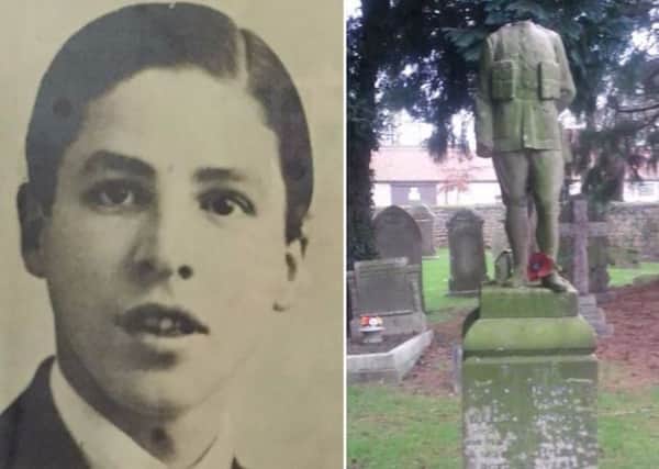 L-R: Private George Jackon as a teenager and the vandalised memorial dedicated to him.