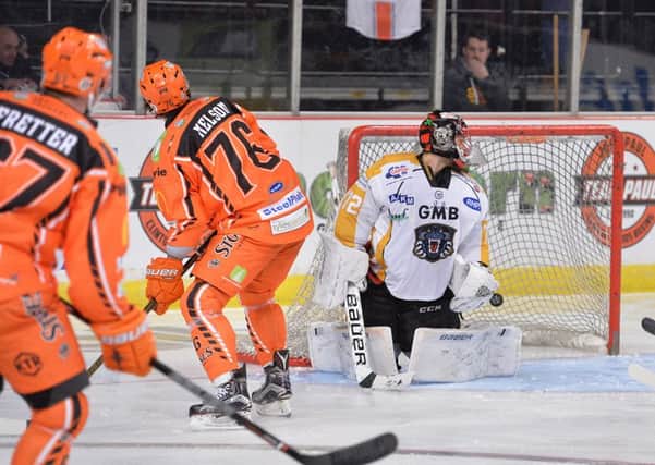 Levi Nelson and Colton Fretter bear down on Nottingham's goal, earlier this season. A Dean Woolley picture.