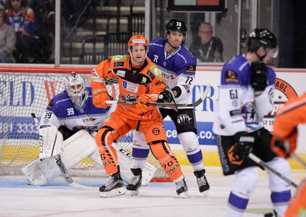 Levi Nelson in action against Braehead Clan. Pic by Dean Woolley