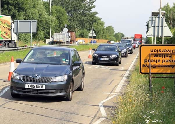 Traffic queuing on the A57 towards Newcastle Avenue during the project works on Millhouse Roundabout, Worksop.