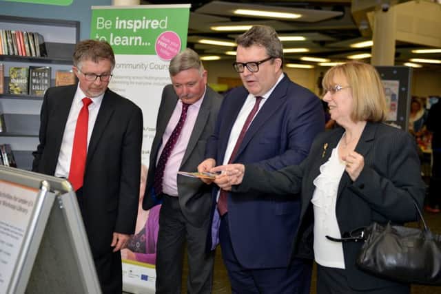 Deputy Labour Party leader Tom Watson MP visits Worksop Library, pictured with Coun Glynn Gilfoyle,  Coun Alan Rhodes and Coun Sybil Fielding