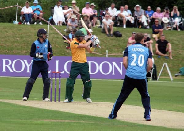 Notts Outlaws Riki Wessels pulls Matt Critchley to the midwicket boundary.