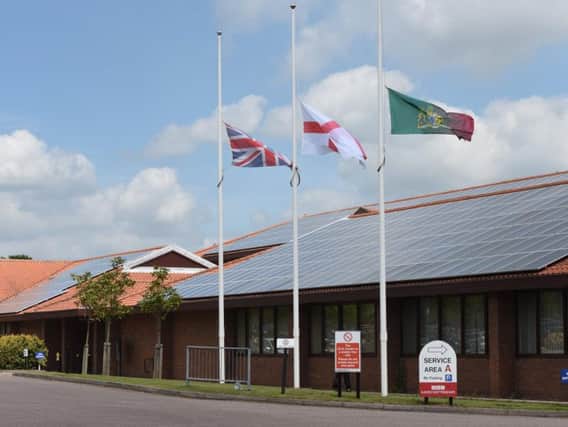 Flags flying at half mast over Mansfield Civic Centre after last month's terror attack in Manchester.