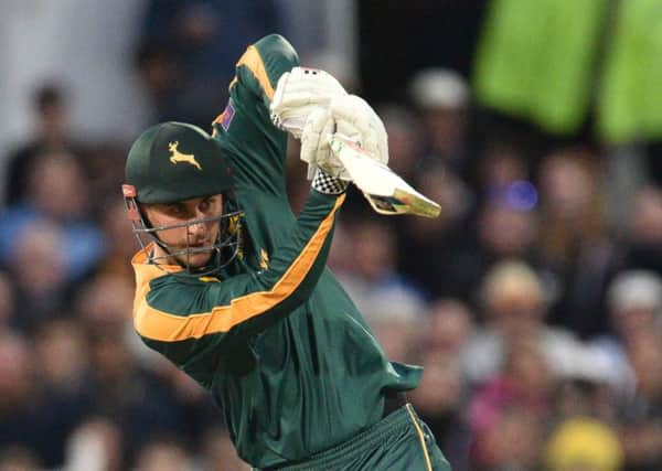 Alex Hales punches straight down the ground during the NatWest T20 Blast match between the Outlaws and the Bears at Trent Bridge, Nottingham on 15 May 2015.  Photo: Simon Trafford