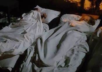 Children sleeping outside Gondol Apartments after the earthquake hit. Photo by Robyn Wilson.