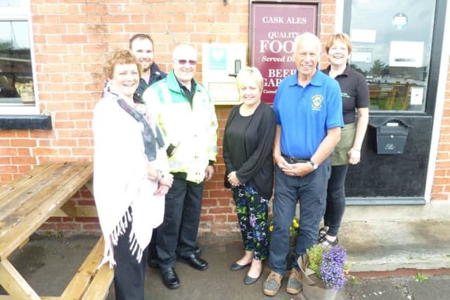 Coun Hazel Brand, Shaun Johnson (First Responder), Colin Gibson (Chair FVFR), Sue Harford (Chair of West Stockwith Parish Council), Lion Tom Allen (North Notts Lions Club) and Karen Bull (Landlady of the Waterfront Inn, West Stockwith).
