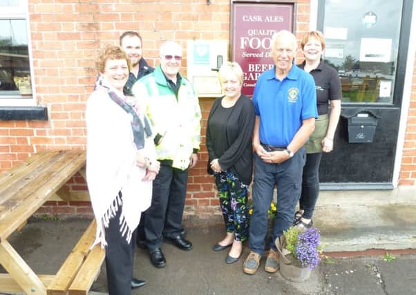Coun Hazel Brand, Shaun Johnson (First Responder), Colin Gibson (Chair FVFR), Sue Harford (Chair of West Stockwith Parish Council), Lion Tom Allen (North Notts Lions Club) and Karen Bull (Landlady of the Waterfront Inn, West Stockwith).