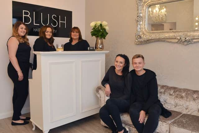 Blush Hair and Beauty are celebrating their first anniversary. Pictured from left Rosie Green, owner Laura Gabbitas, Debbie Gabbitas, Christy Ratcliffe and Connor Kelly