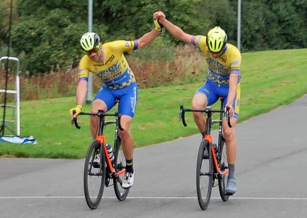 Andy Bishop (left) and Nick Moore take joint victory at the Pendle Cycling Festival on Sunday.